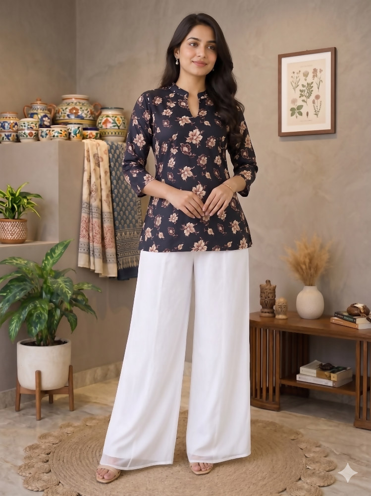 Teeya Creation Women Black Beige Floral Printed Cotton Kurti with White Wide-Leg Palazzo Set | Grocsy