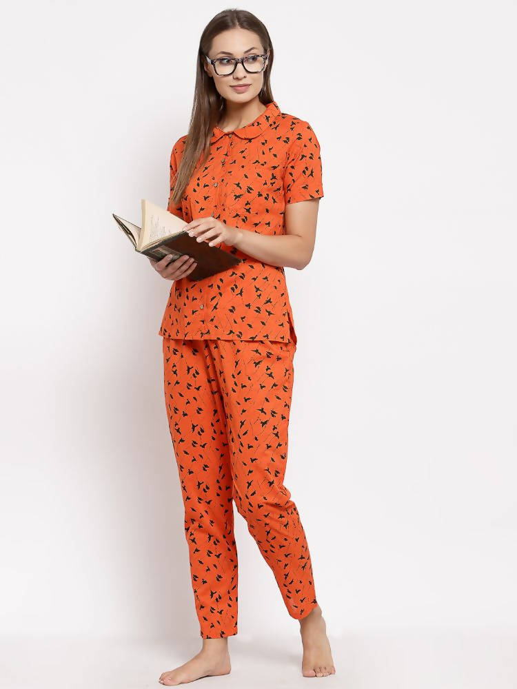 Myshka Women's Brown Cotton Printed Half Sleeve Collar Neck Casual Night suit | Grocsy