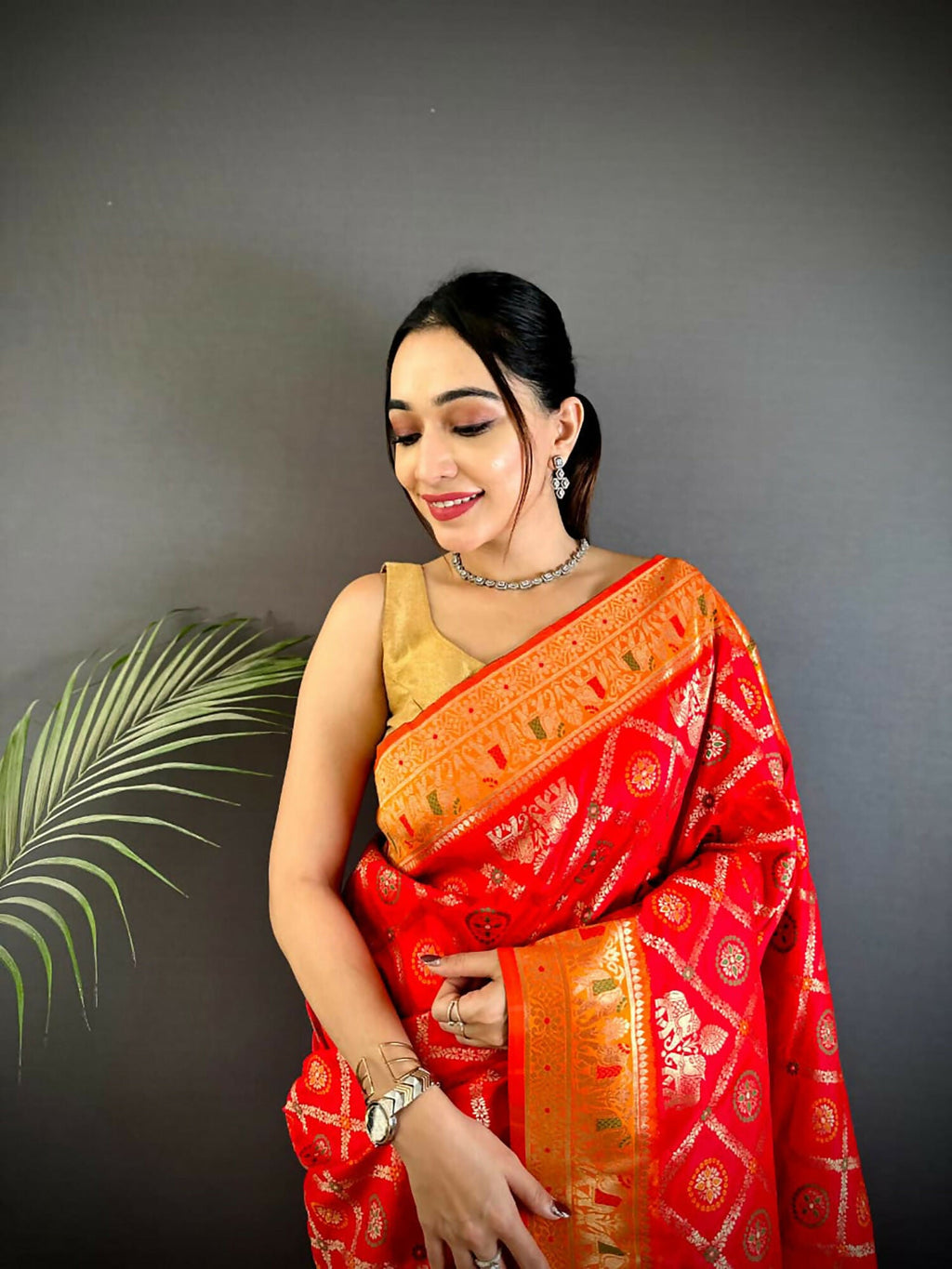 Joban Fashion Red Butti Motifs Soft Silk Patola Saree | Grocsy