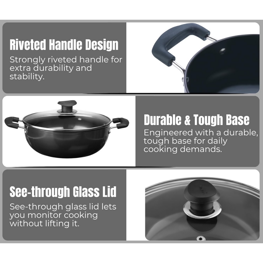 Vinod Black Pearl Hard Anodised Deep Kadai with Glass Lid | Grocsy
