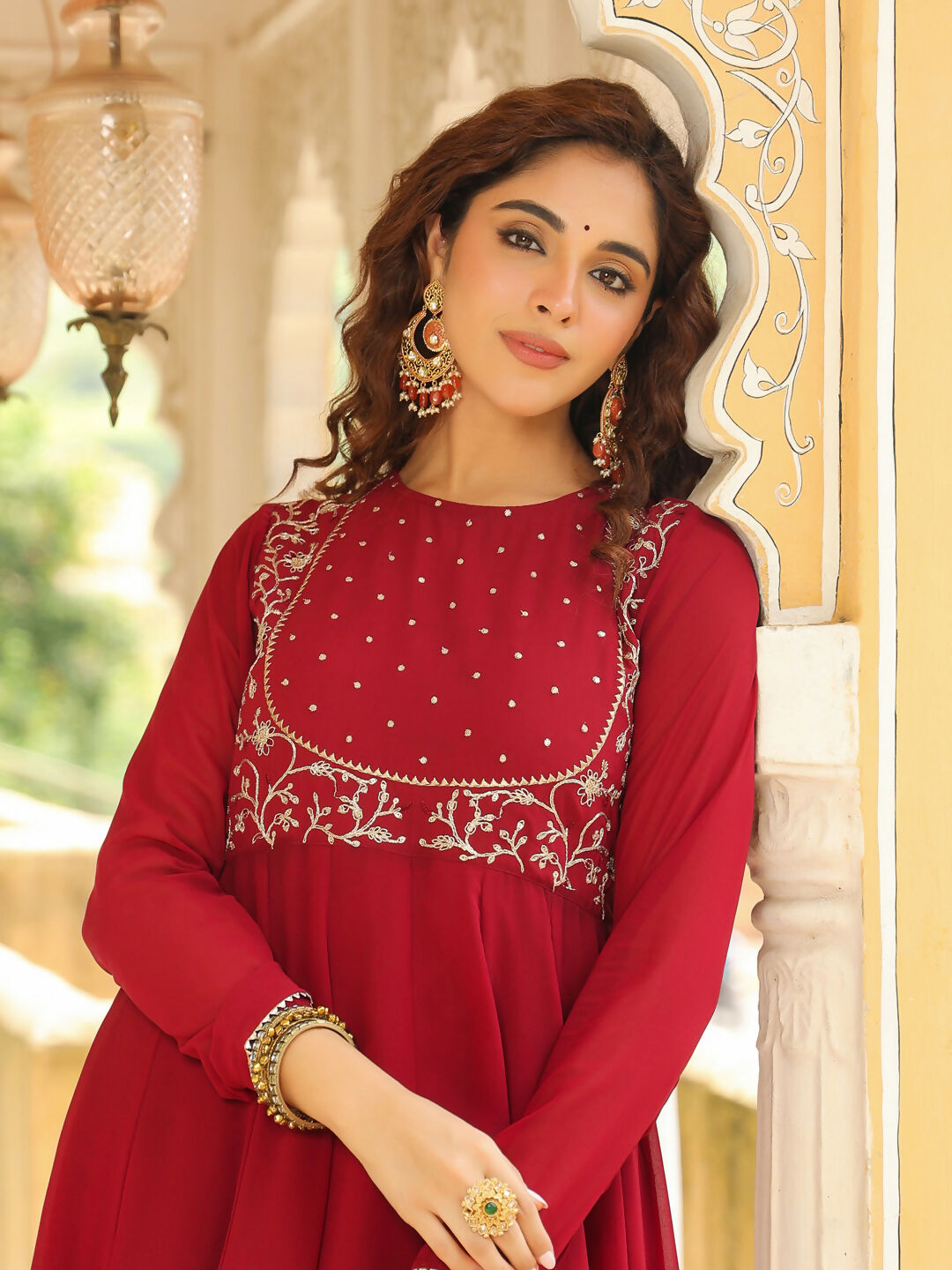 Janasya Maroon Georgette Embroidered Kurta,Bottom & Dupatta | Grocsy