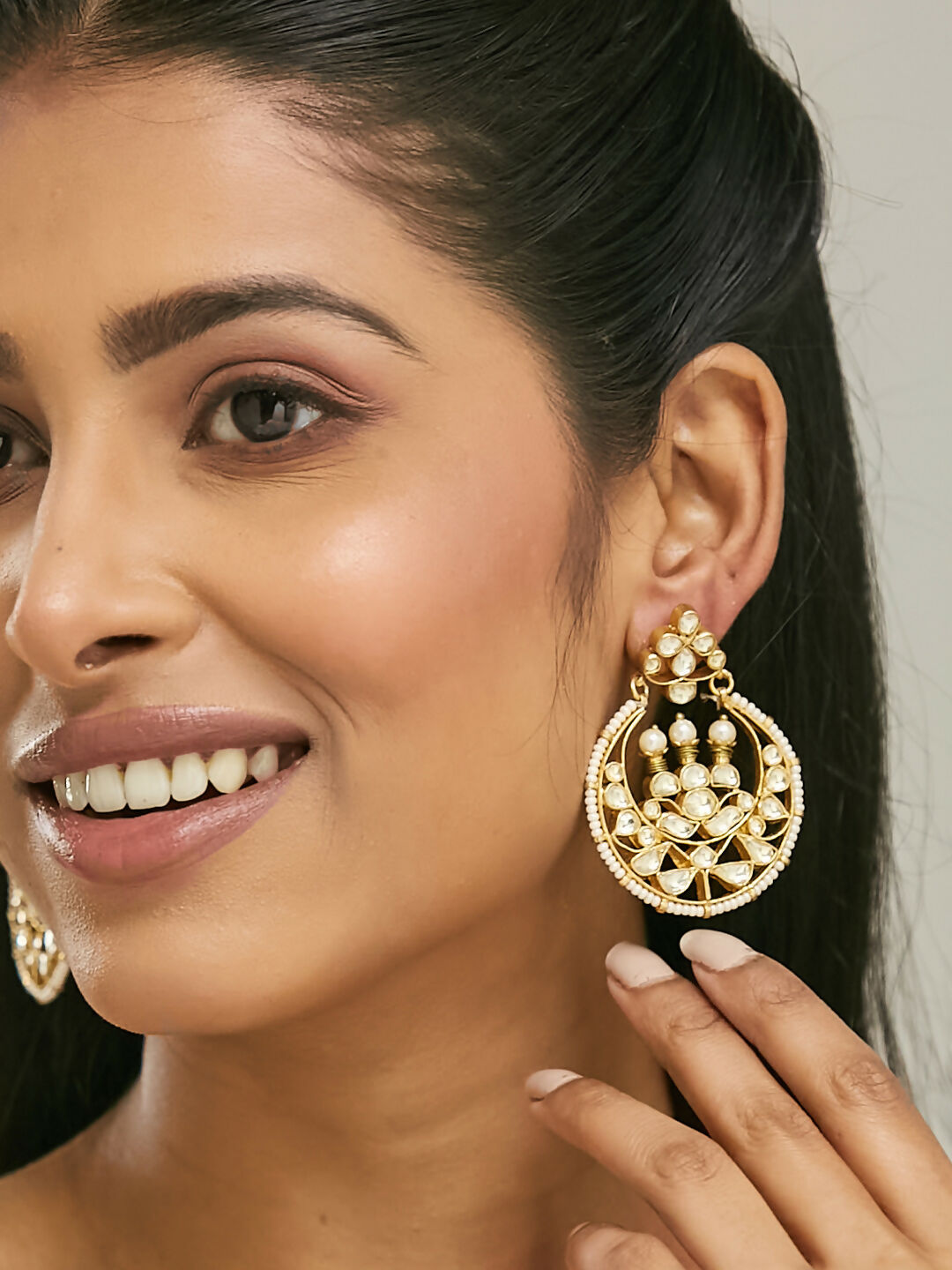 Nuyug 22K Gold-Plated Elegant Kundan Stone Studded & Pearl Beaded Chandbalis | Grocsy