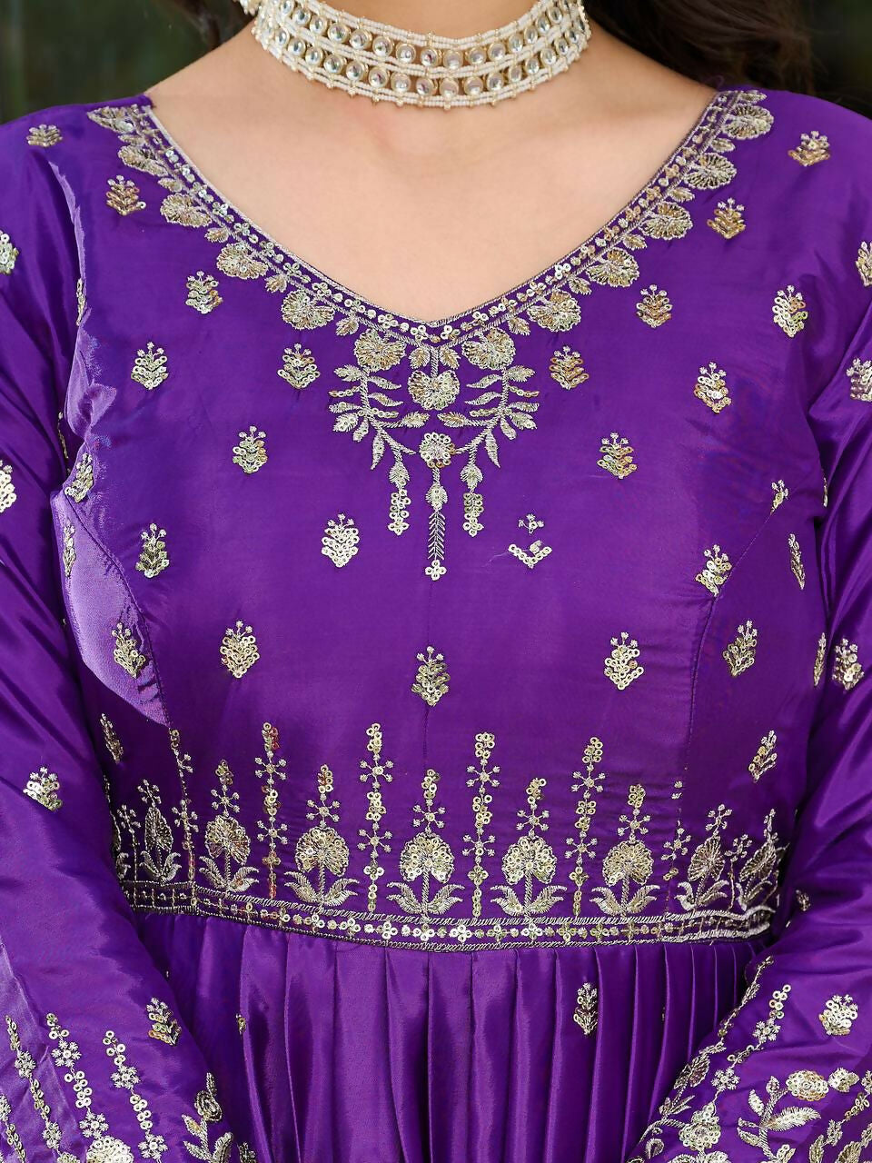 The52 Women's Beautiful American Silk Fabric Embroidery Work Flared Anarkali Pant and Dupatta Set | Grocsy