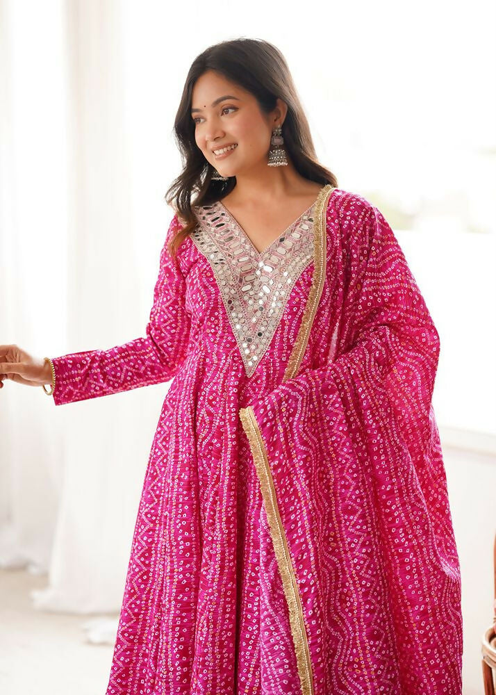 Teeya Creation New Trendy Traditional Pink Bandhani Anarkali Set with Embellished V-Neck | Grocsy