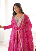Teeya Creation New Trendy Traditional Pink Bandhani Anarkali Set with Embellished V-Neck | Grocsy