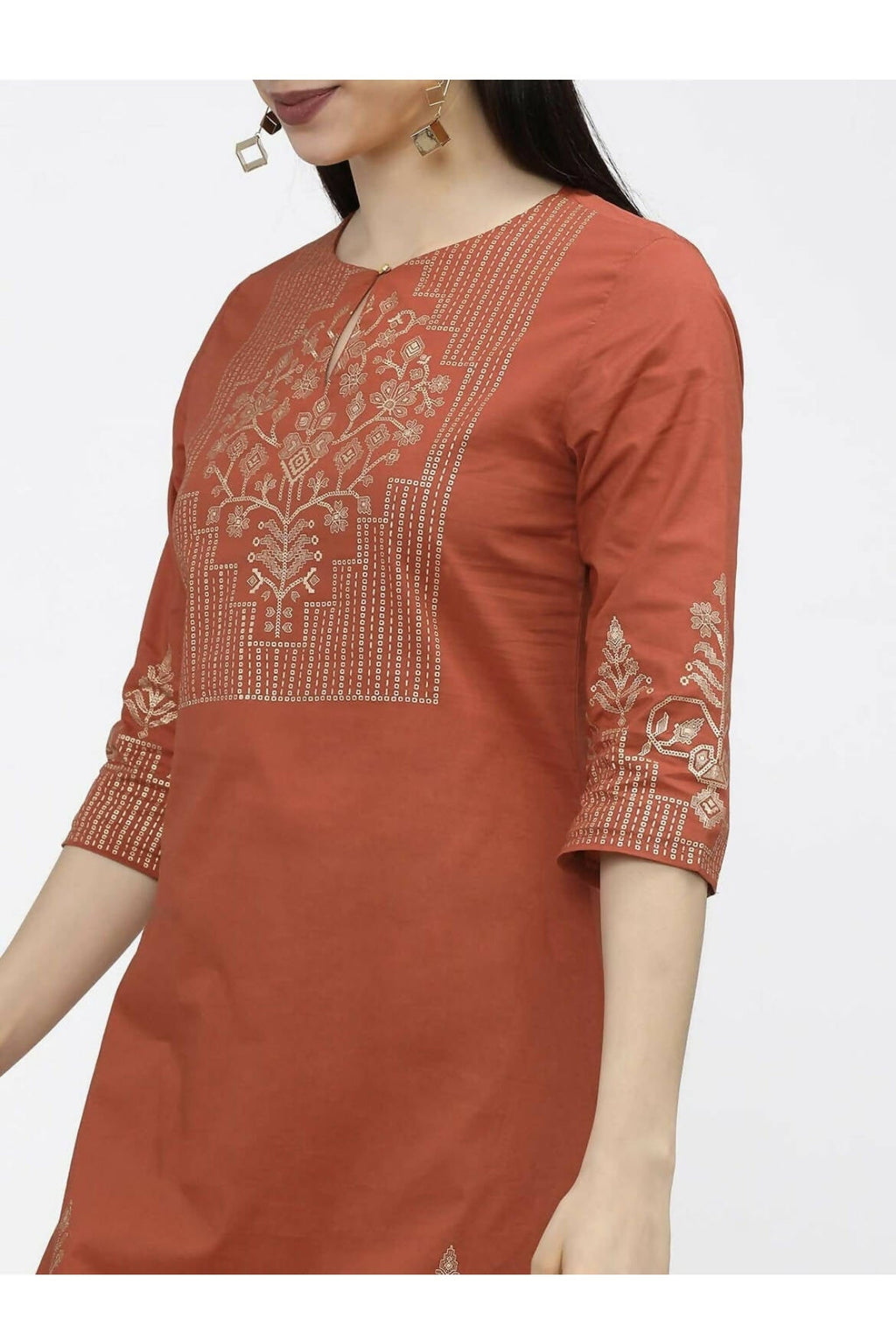 Cheera Embellished Daily Wear Cotton Blend Kurta - Brown | Grocsy