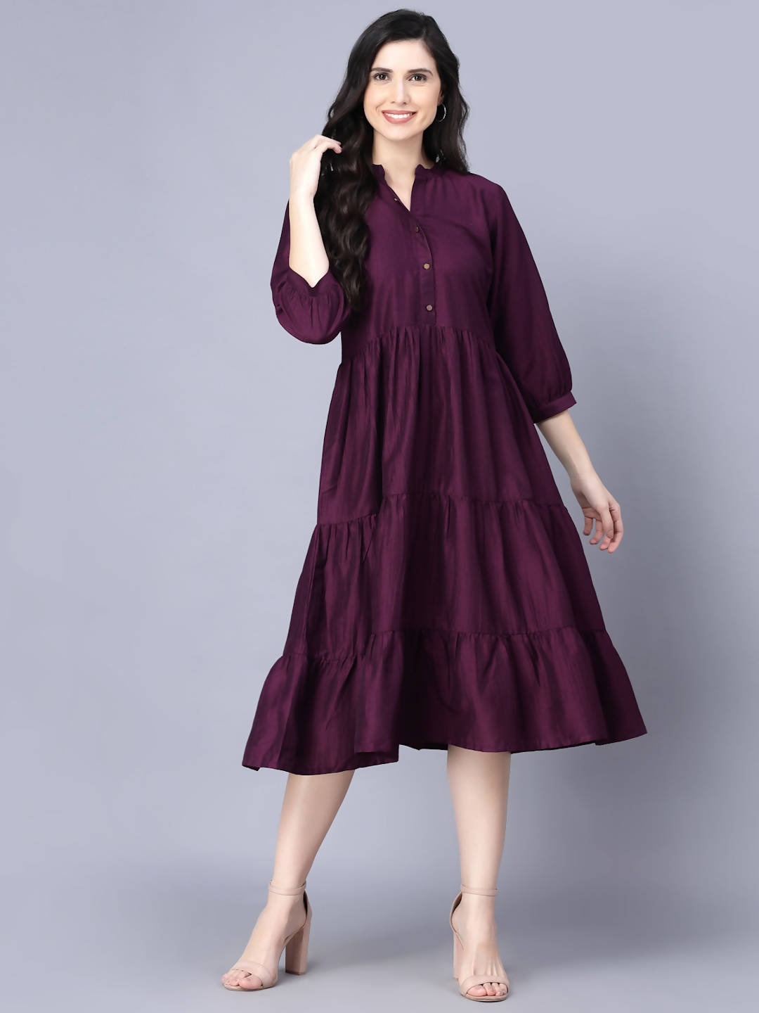 Myshka Silk Solid 3/4 Sleeve V Neck Purple Women Dress | Grocsy