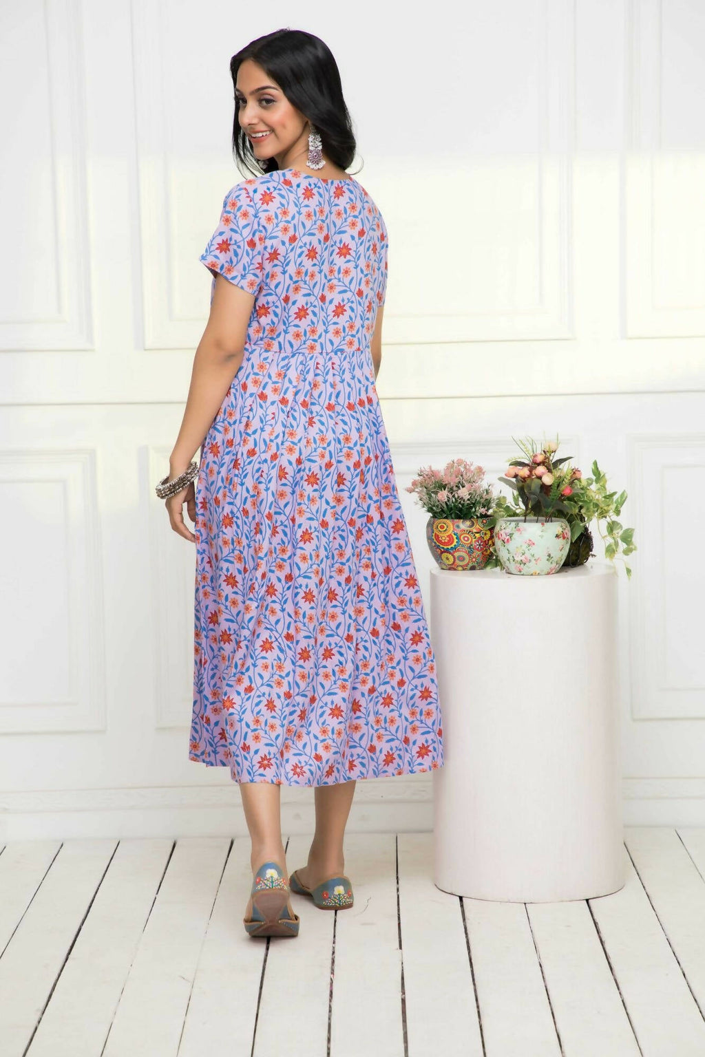 Myshka Women Purple Floral Rayon A-Line Round Neck Dress | Grocsy