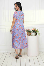 Myshka Women Purple Floral Rayon A-Line Round Neck Dress | Grocsy