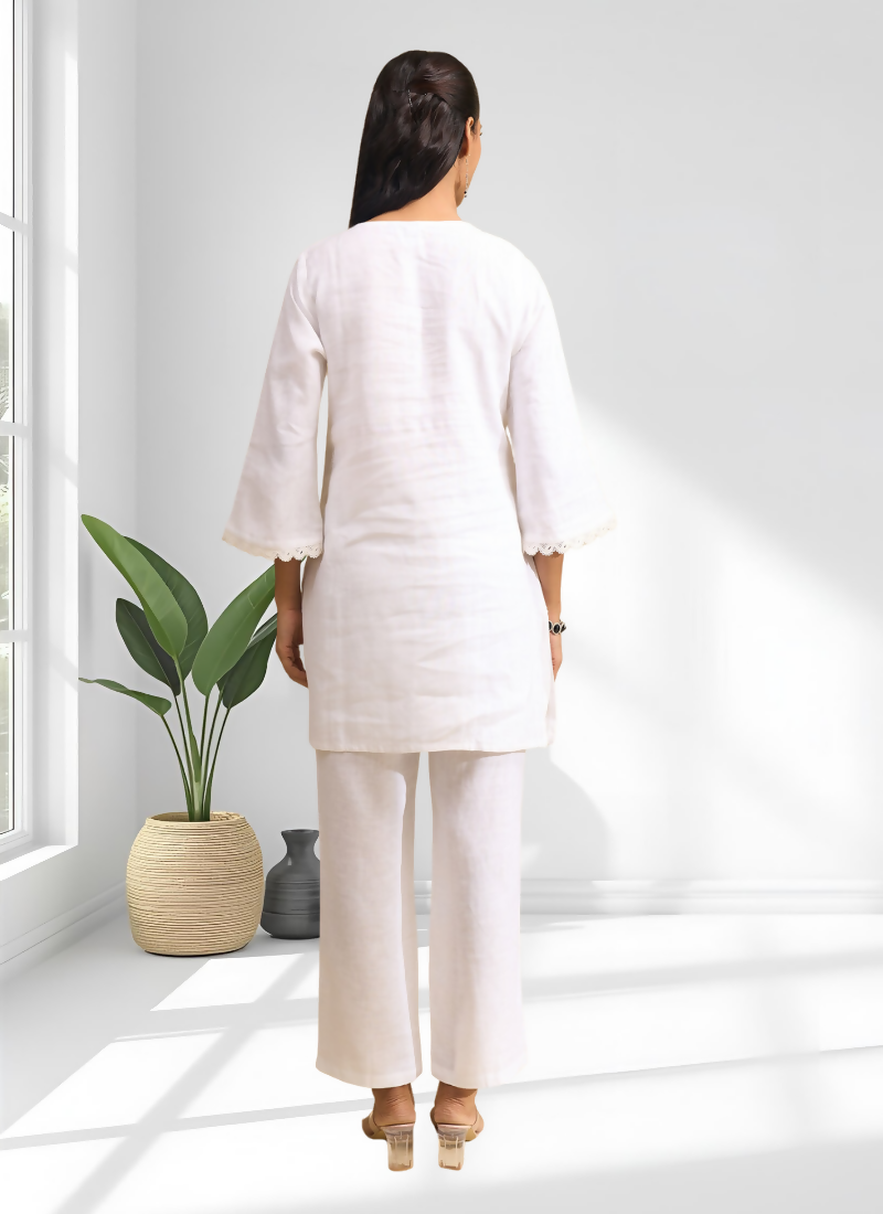 Joban Fashion Off White Linen Embroidered Readymade Cord Set | Grocsy