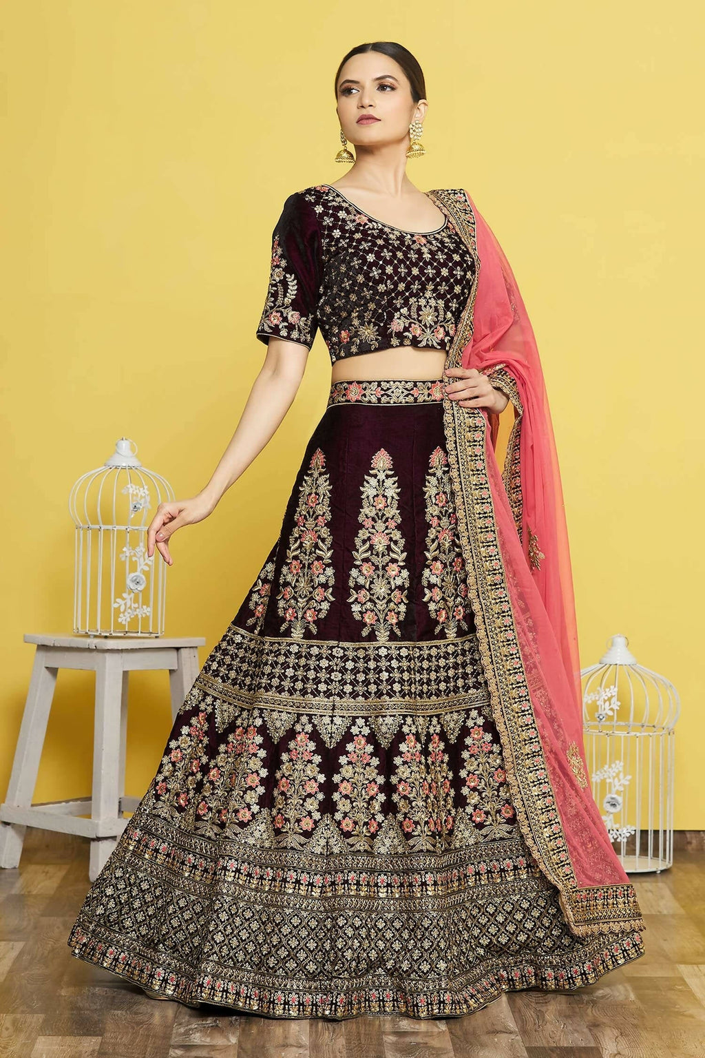 Wine Velvet Semi-Stitched Wedding Bridal Lehenga - Nimaya | Grocsy