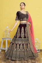 Wine Velvet Semi-Stitched Wedding Bridal Lehenga - Nimaya | Grocsy