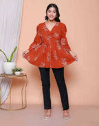 Miravan Womens Rust Floral Printed Balloon Sleeves V Neck Butterfly Top | Grocsy