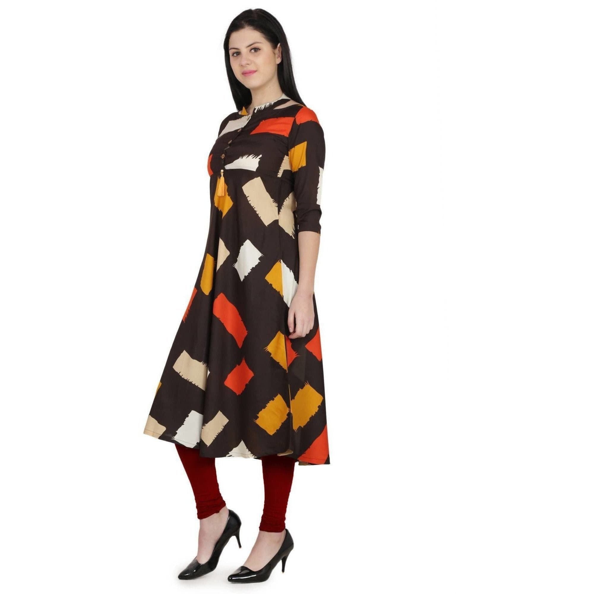 Kanoor Women's Multicolour A line Round neck kurti | Grocsy