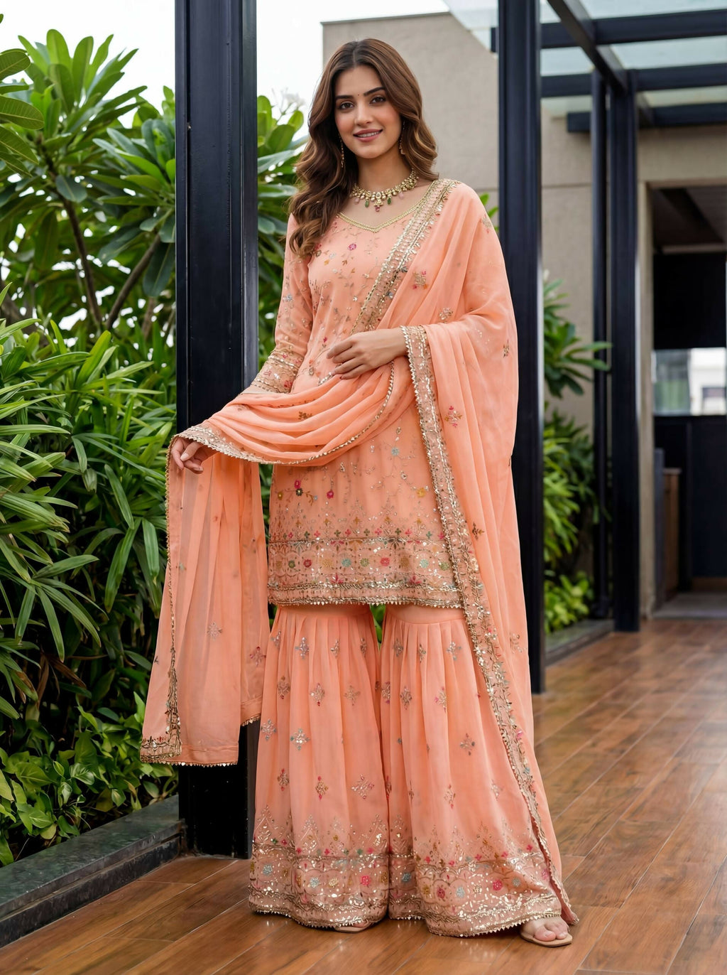 Joban Fashion Orange Georgette Embroidered Sharara Set | Grocsy