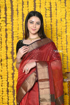 Very Much Indian Rajsi - Handloom Ari Checks Cotton Silk Saree With Golden Border - Maroon | Grocsy