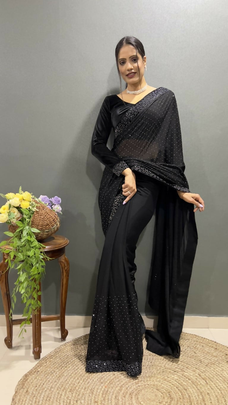 Vastranavya Black Rangoli Silk Swarovski work Ready to Wear Saree | Grocsy