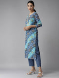 Yufta Women Blue Bandhani Printed Embroidered Detail Cotton Kurta with Trouser & Dupatta | Grocsy