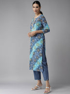 Yufta Women Blue Bandhani Printed Embroidered Detail Cotton Kurta with Trouser & Dupatta | Grocsy