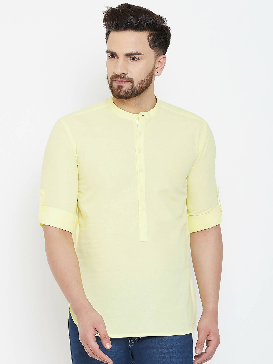 Even Apparels Yellow Color Band Collar Pure Cotton Men's Kurta | Grocsy