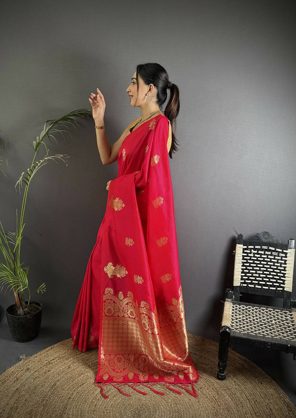 Joban Fashion Red Banarasi Lichi Silk Gold Zari Meena Saree | Grocsy