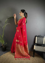 Joban Fashion Red Banarasi Lichi Silk Gold Zari Meena Saree | Grocsy