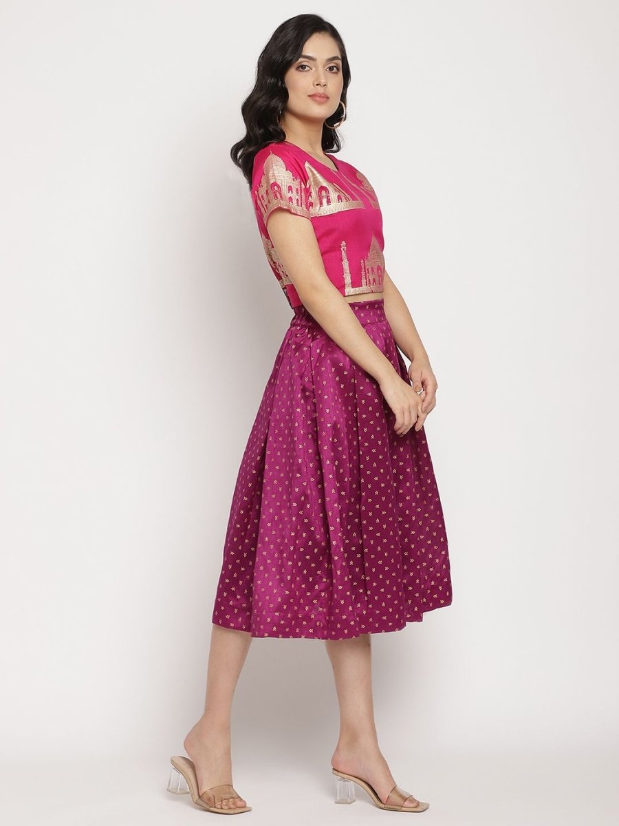 Ahalyaa Women's Pink Poly Silk Gold Foil Print Top With Skirt | Grocsy