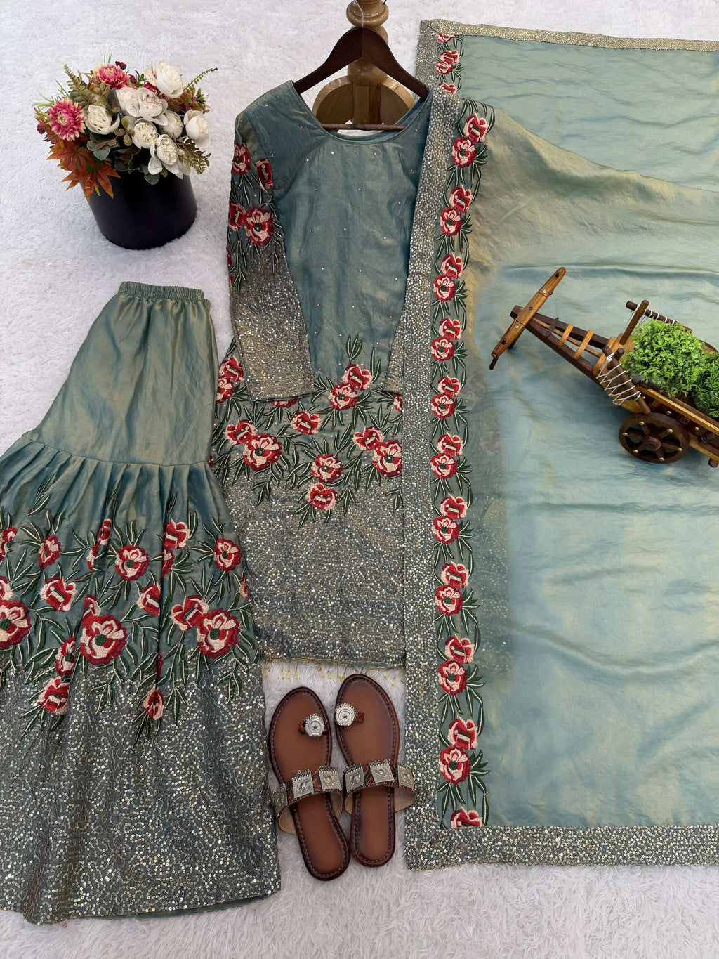 Teeya Creation Teal Fendy Silk Heavy Embroidery Work Party Wear Sharara Suit | Grocsy