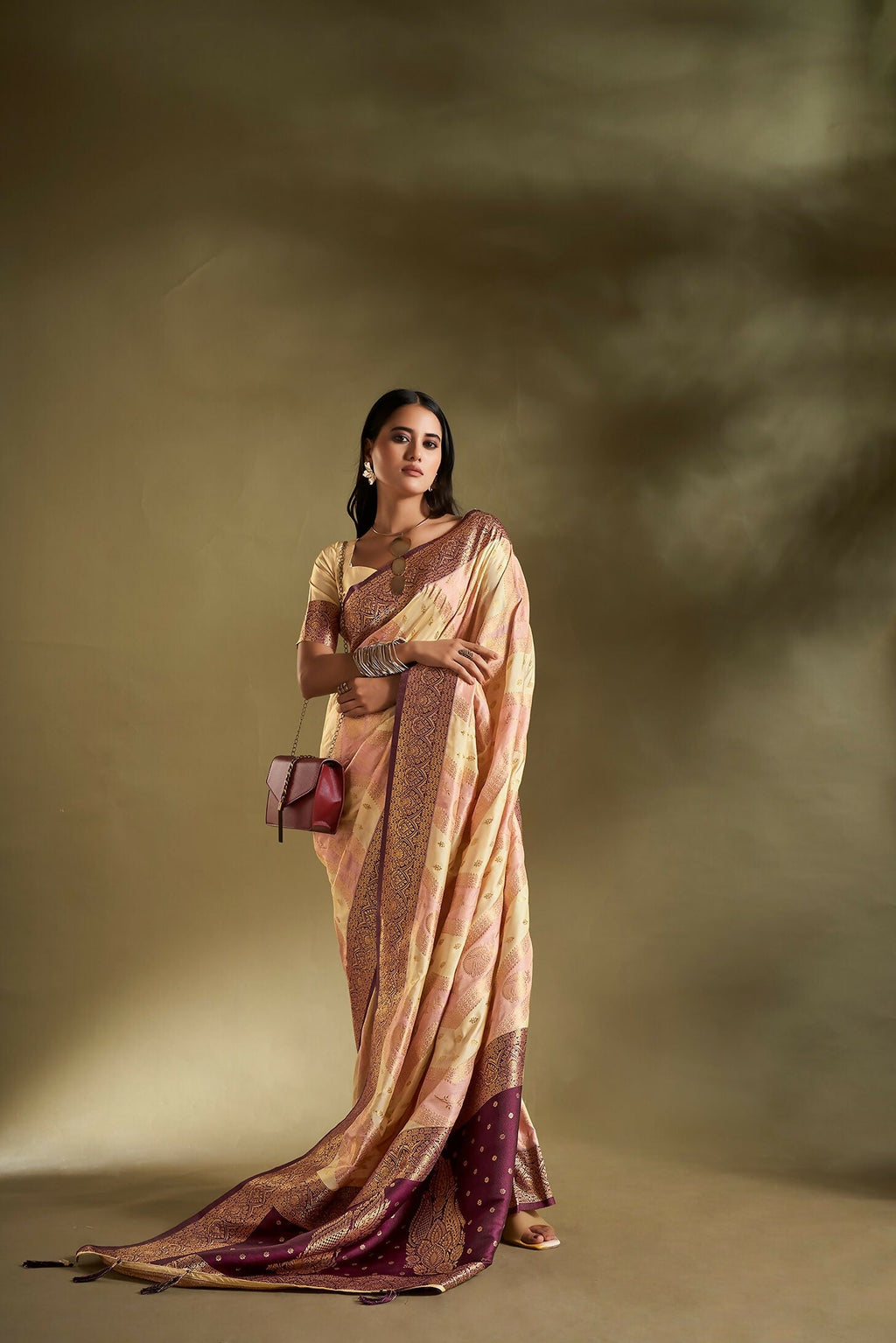 Joban Fashion Cream & Light Pink Plain With Weaving Border Banarasi Silk Sarees | Grocsy