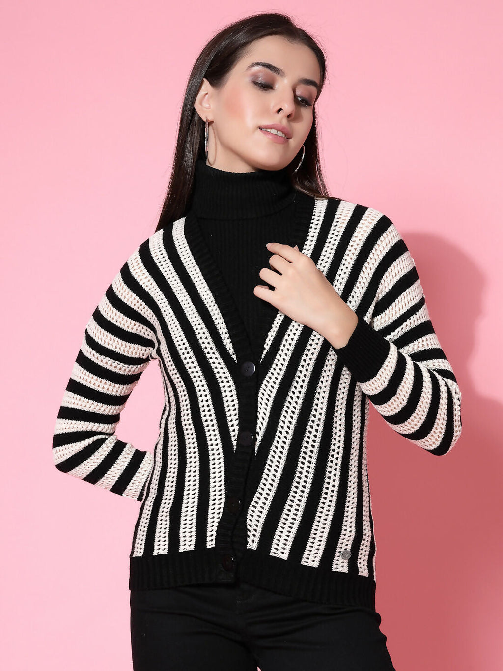 Women Black Acrylic Stripe Cardigan - Wool Trees | Grocsy