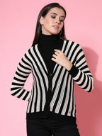 Women Black Acrylic Stripe Cardigan - Wool Trees | Grocsy