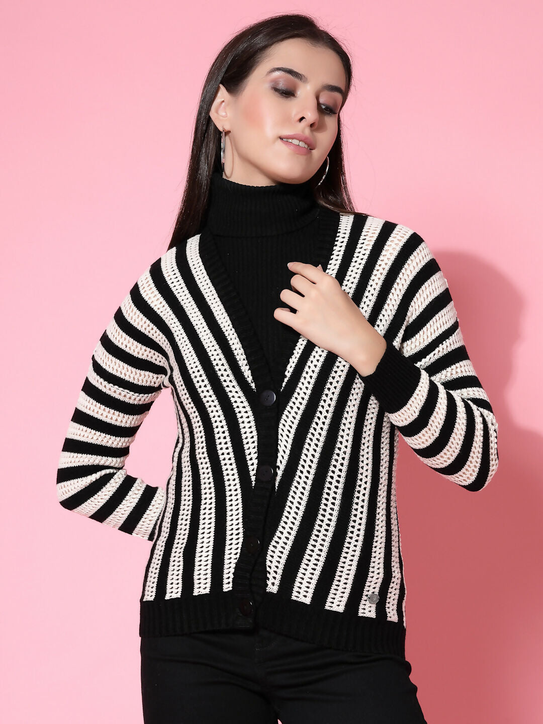 Women Black Acrylic Stripe Cardigan - Wool Trees | Grocsy