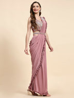 Pink Lycra Solid Ready to wear Saree with stitched Blouse - Vanita | Grocsy