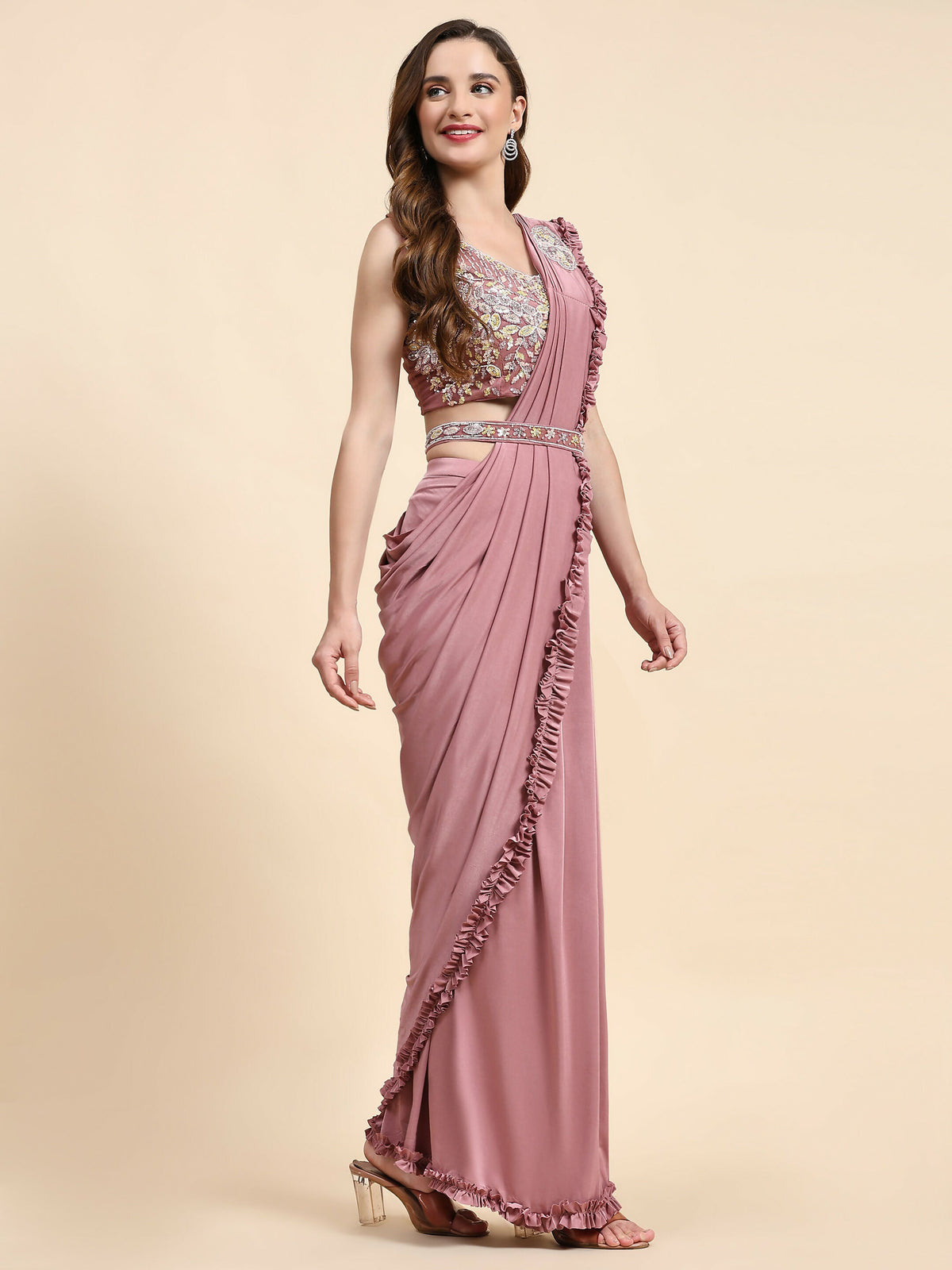 Pink Lycra Solid Ready to wear Saree with stitched Blouse - Vanita | Grocsy