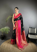Joban Fashion Black Banarasi Soft Silk Woven Saree | Grocsy