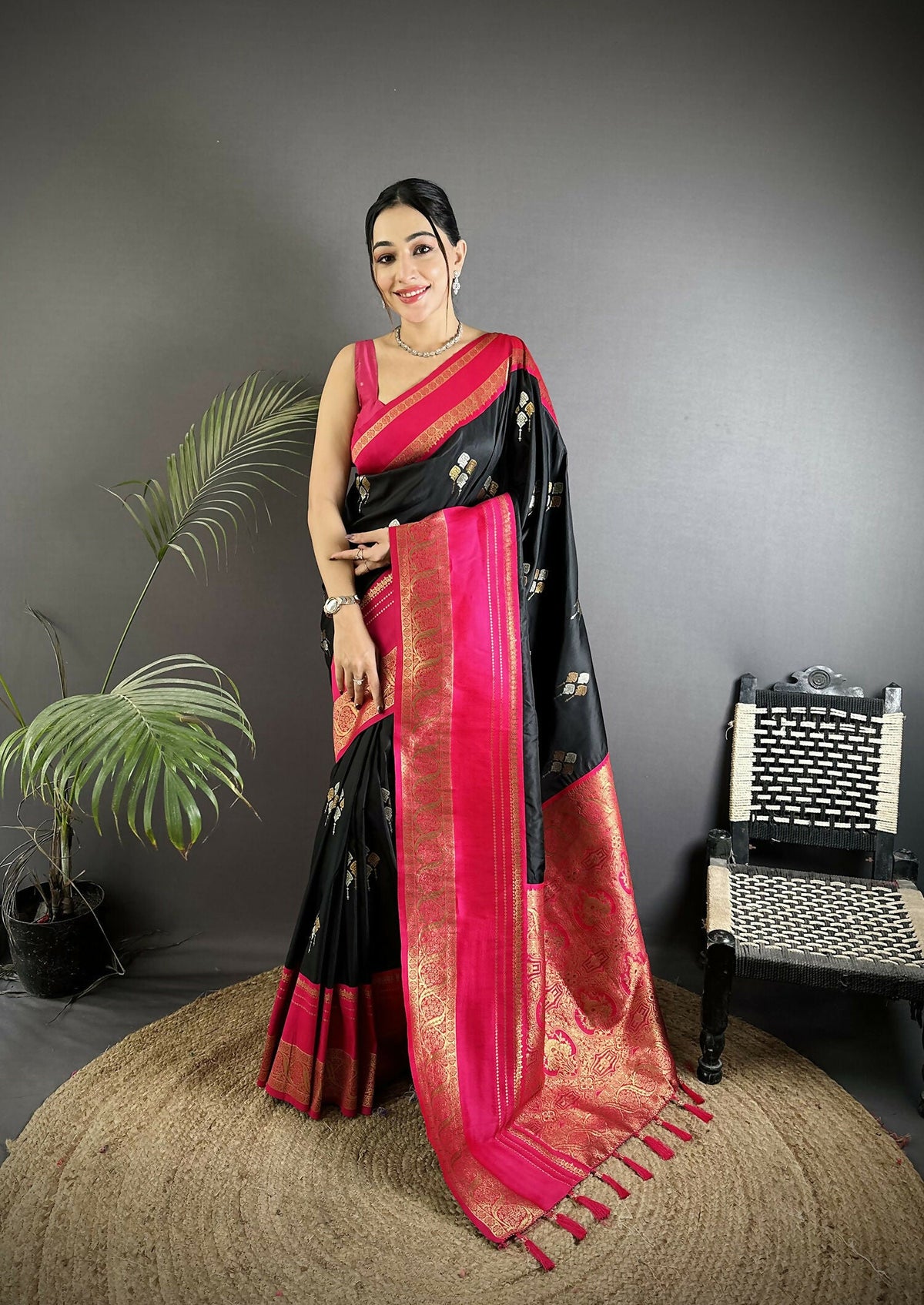 Joban Fashion Black Banarasi Soft Silk Woven Saree | Grocsy