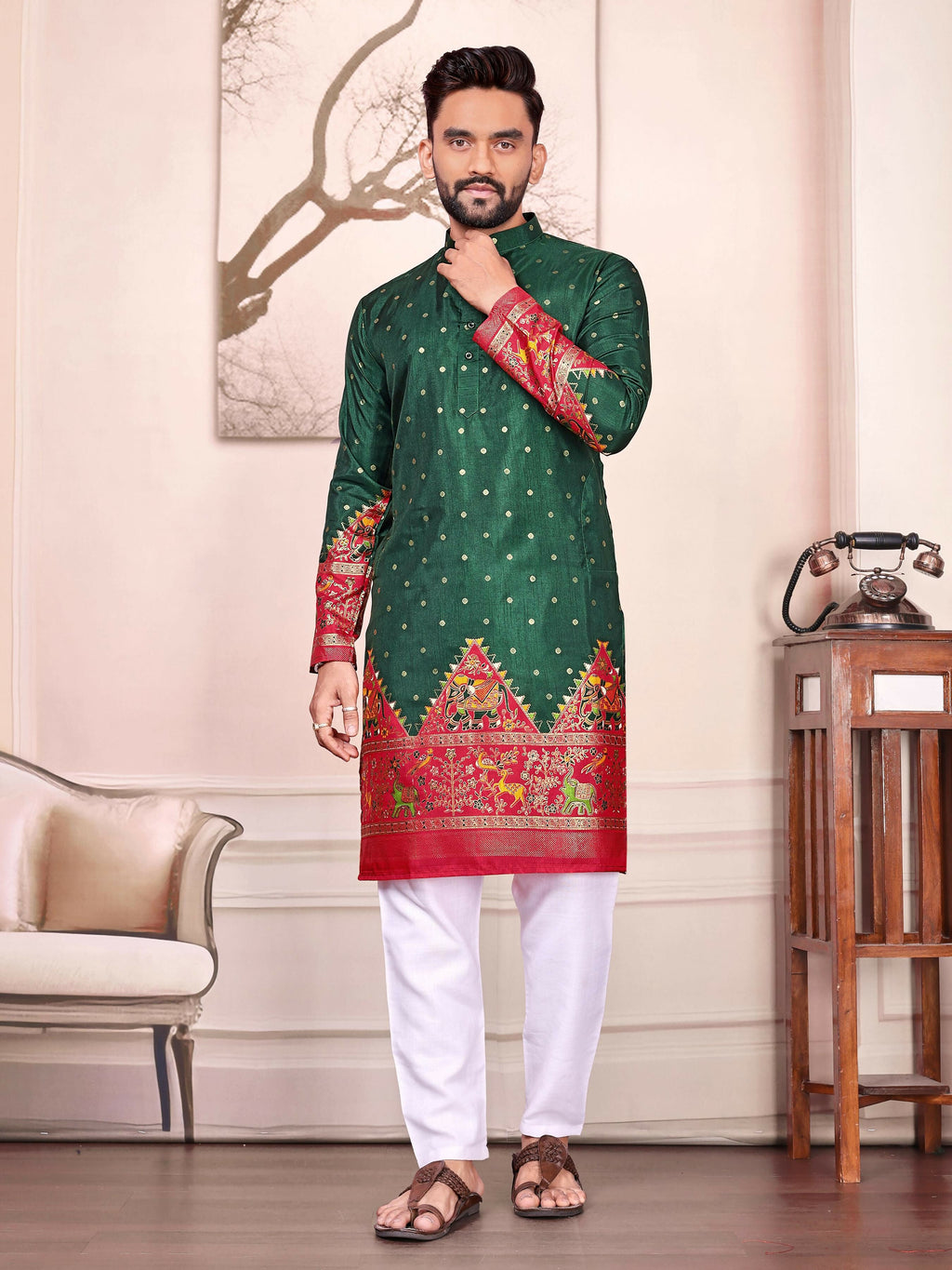 Anaita Green Dola Silk Straight Kurta With Foil Work | Grocsy