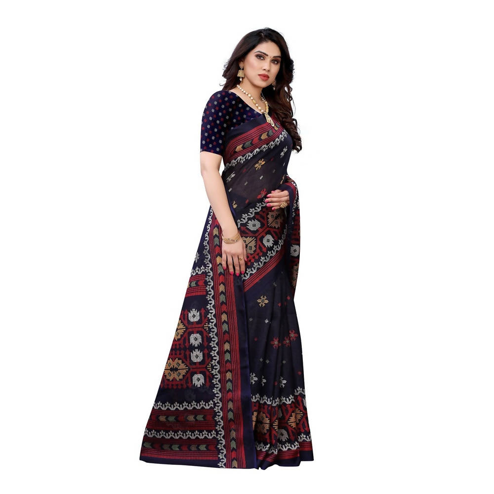 Vamika Printed Jute Silk Navy Blue Saree (Namita Navy) | Grocsy