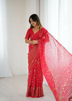 PR Fashion Red Georgette Patta Plain With Foil Work And Small Lace And Zalar Lace Saree | Grocsy