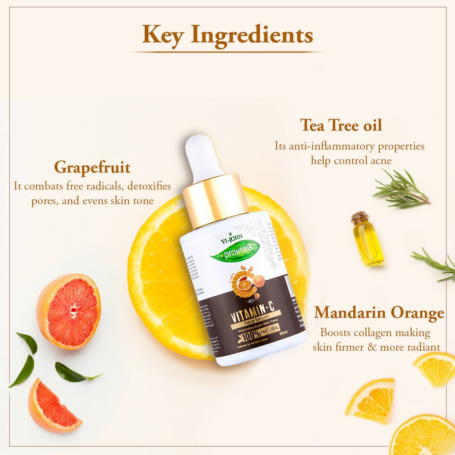 VI-JOHN Prakritik Vitamin C Face Serum Brightening, Anti-Aging & Glowing Skin, 100% Bio-Actives | Grocsy