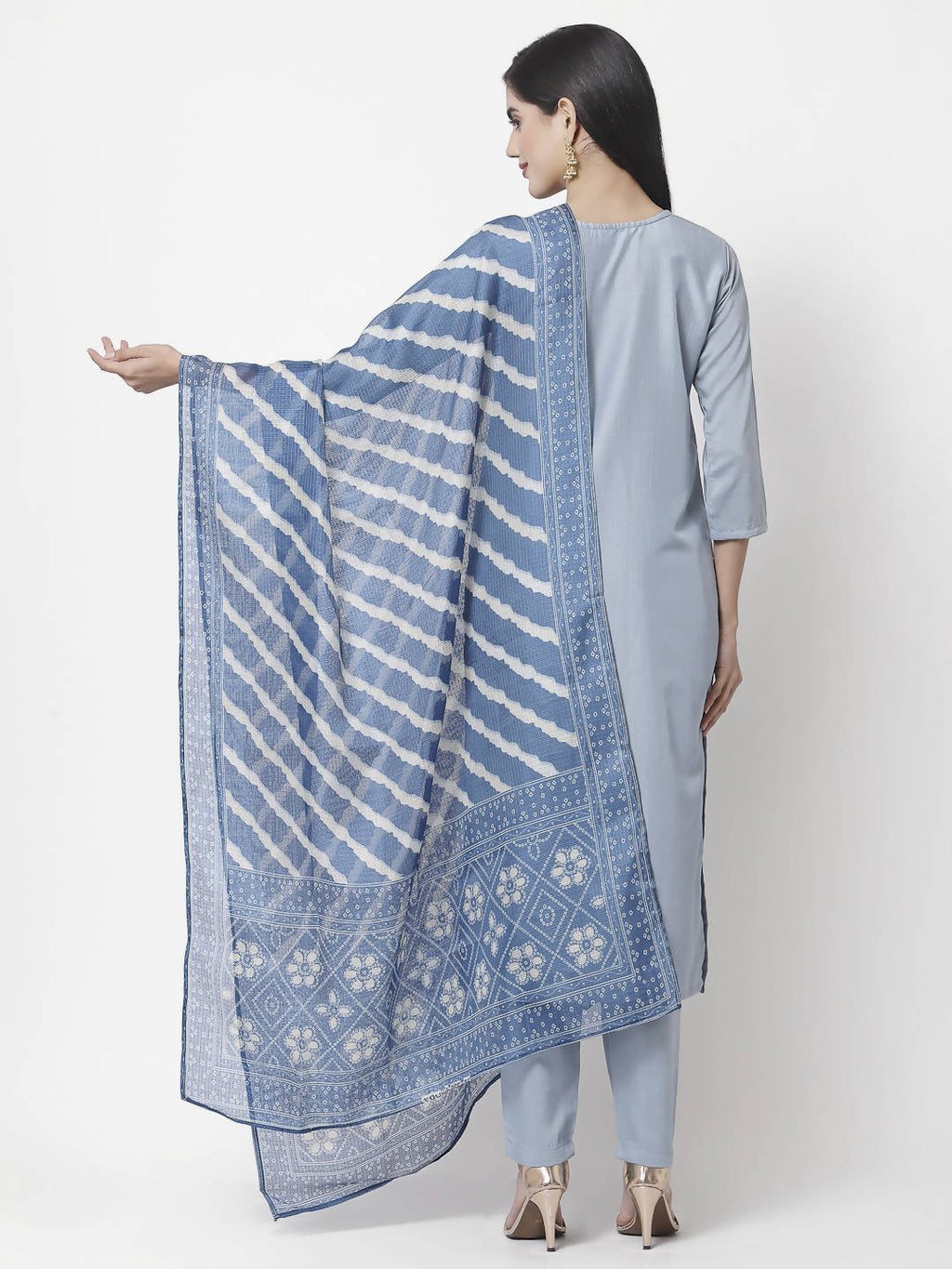 Myshka Women Light Blue Silk Blend Embroidered 3/4 Sleeve Round Neck Kurta Pant Dupatta Set | Grocsy