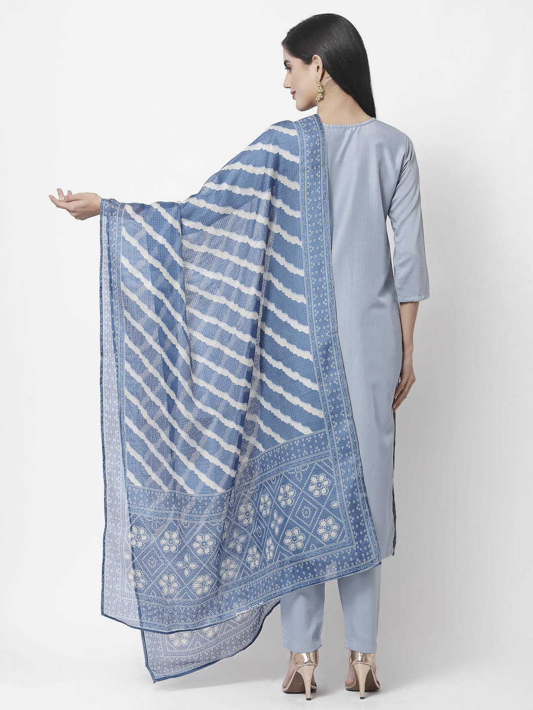 Myshka Women Light Blue Silk Blend Embroidered 3/4 Sleeve Round Neck Kurta Pant Dupatta Set | Grocsy