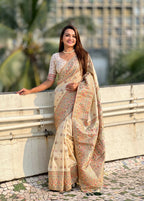 Yellow Pashmina Silk Wevon Kashmiri Meenakari Designer Saree with Unstitched Blouse - Vandini | Grocsy