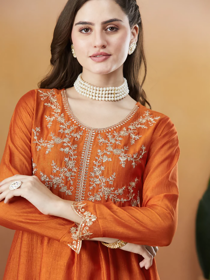 The52 Orange Women's Beautiful Vichitra Silk Fabric Embroidered Work Flared Anarkali Pant and Dupatta Set | Grocsy