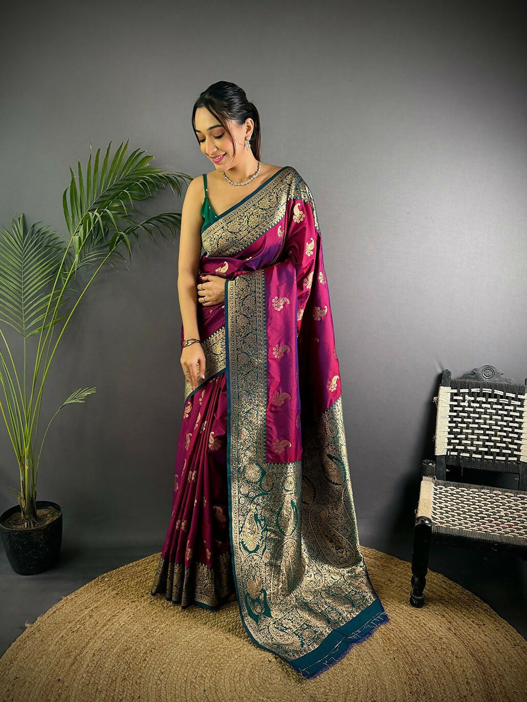 Joban Fashion Banarasi Rani Pink Woven Butti Soft Silk Saree | Grocsy