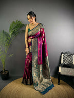 Joban Fashion Banarasi Rani Pink Woven Butti Soft Silk Saree | Grocsy