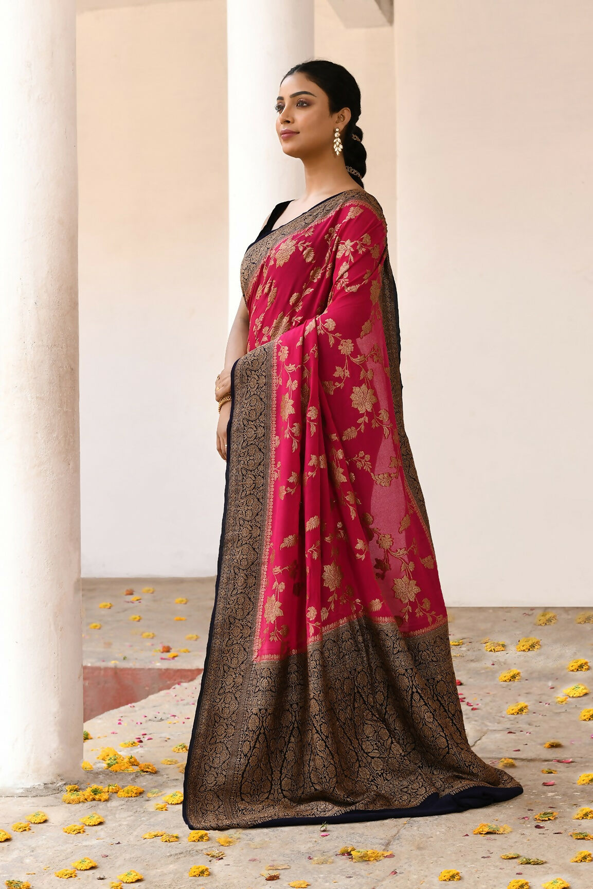 Joban Fashion Fuchsia Crepe Chiffon Pure Handloom Banarasi Silk Saree | Grocsy