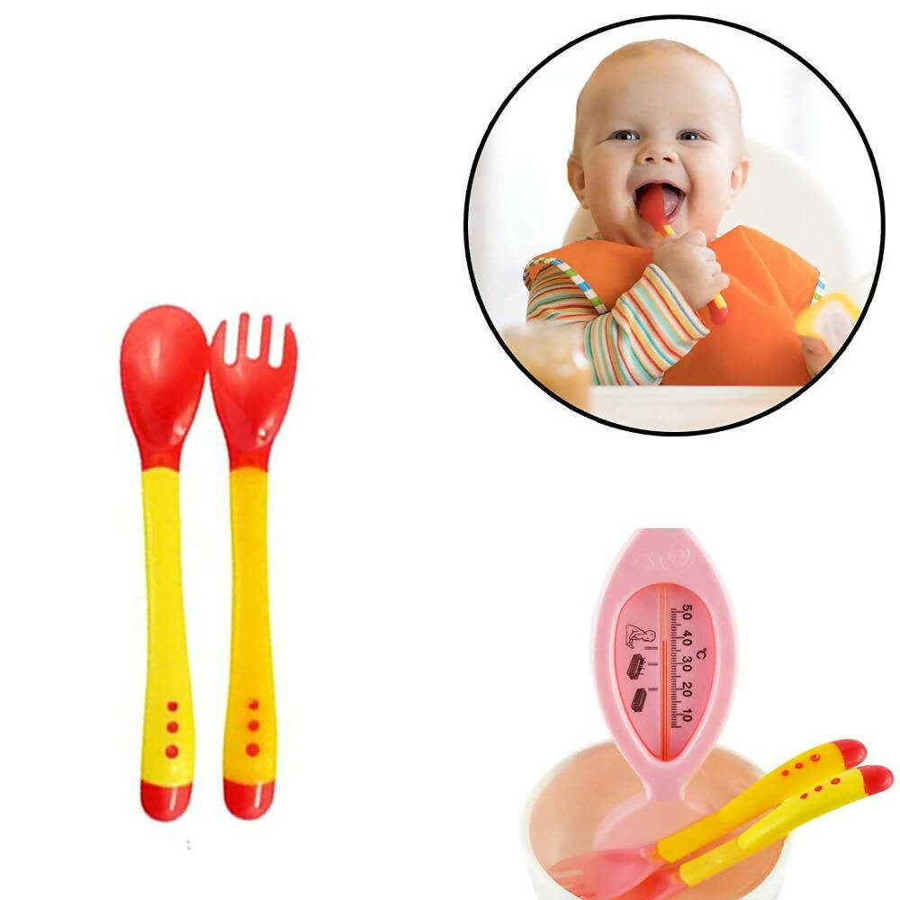 Safe-O-Kid Heat Sensitive 4 Spoons 4 Forks Set, Bpa Free, Silicone Tip, Red And Yellow | Grocsy