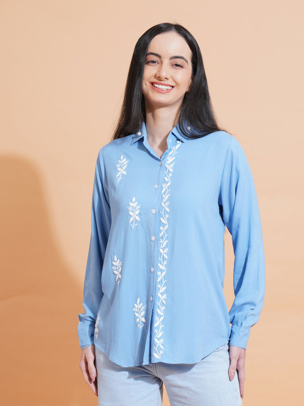 Pahnaz Modal Chikankari Handwork Shirt-Blue | Grocsy