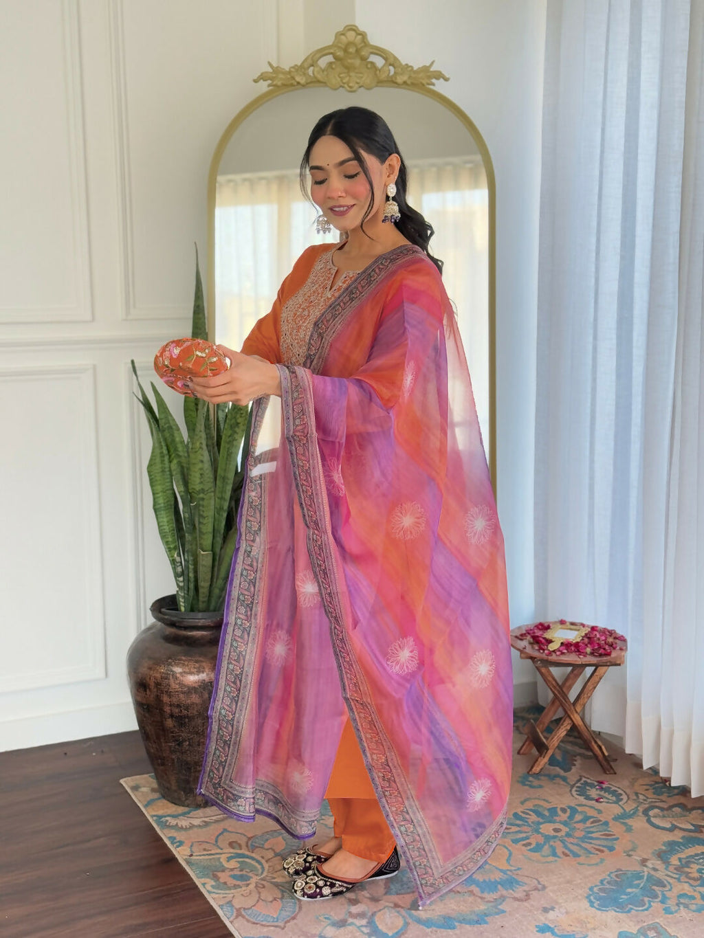 The52 Orange Women's Gorgeous Embroidered Rayon Fabric with Straight Kurta, Pant and Dupatta Set | Grocsy